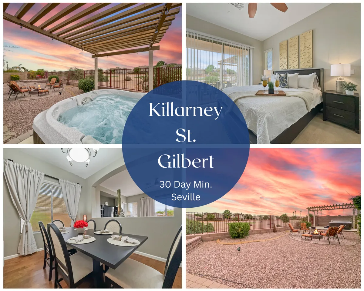 The image showcases a serene backyard patio overlooking the golf course, featuring a bubbling hot tub perfect for evening relaxation, a spacious dining table for al fresco meals, and cozy seating areas—all set against a stunning Arizona sunset.